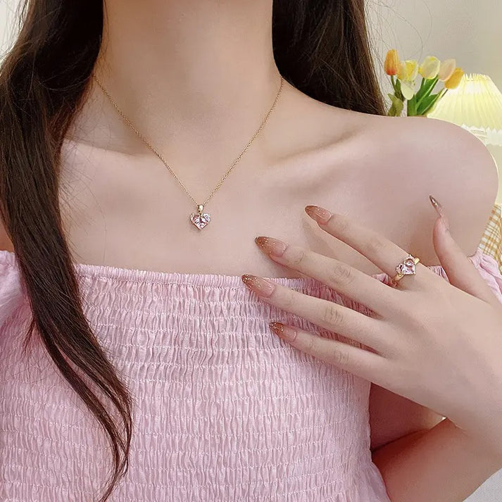 Pink Crystal Diamond Heart Combo Set