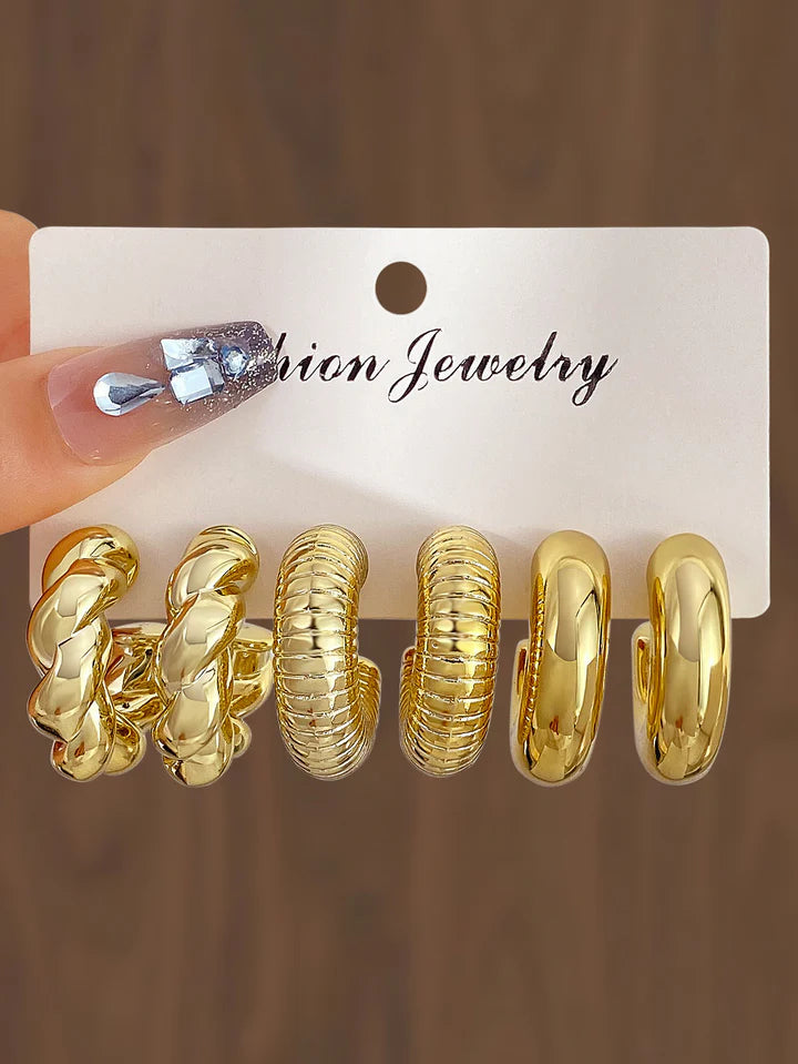 3 Pairs Chunky Gold Hoop Earrings