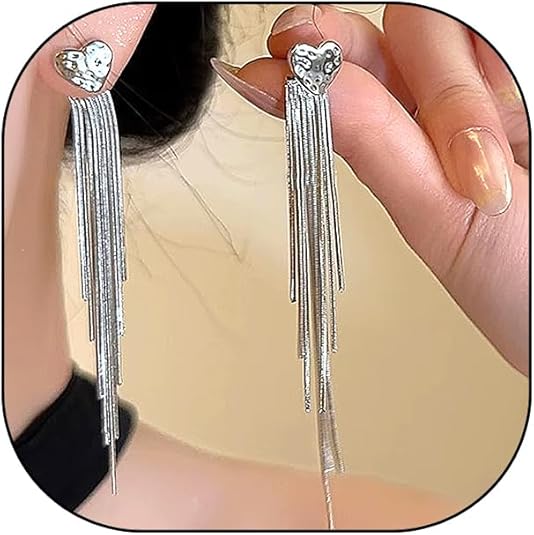 Heart Long Silver Tassel Earrings