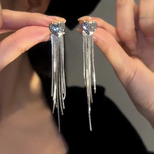 Heart Long Silver Tassel Earrings