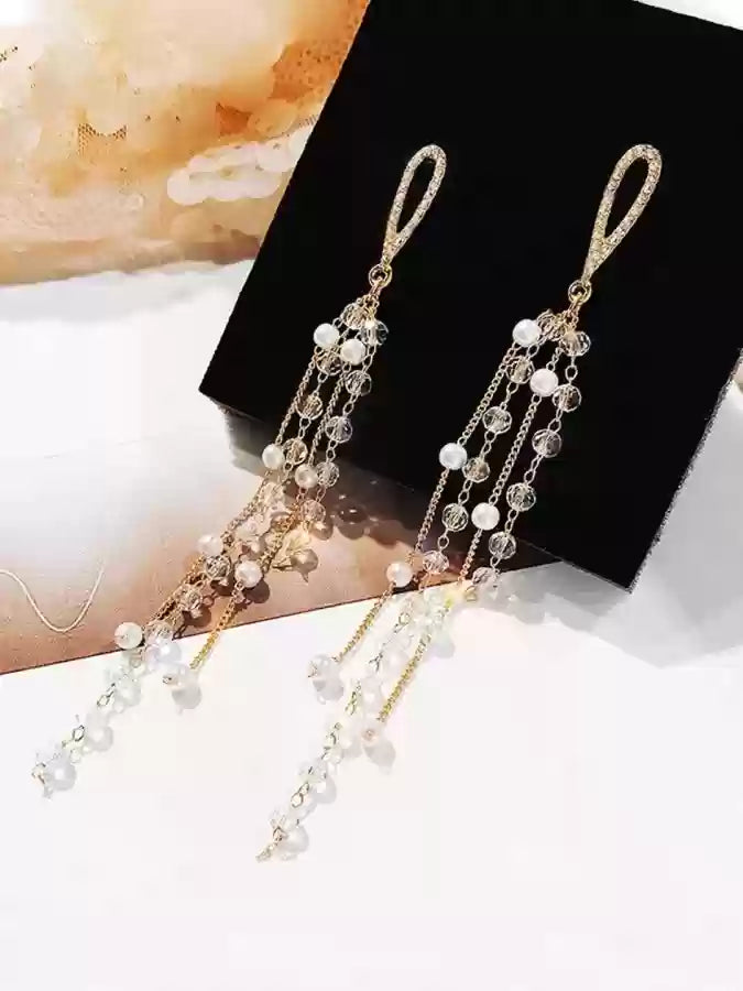 Korean Style Pearl Tasseled Long Earrings