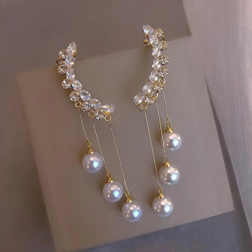Korean Zircon Studded Earcuff with Pearl Tassel Long Earrings