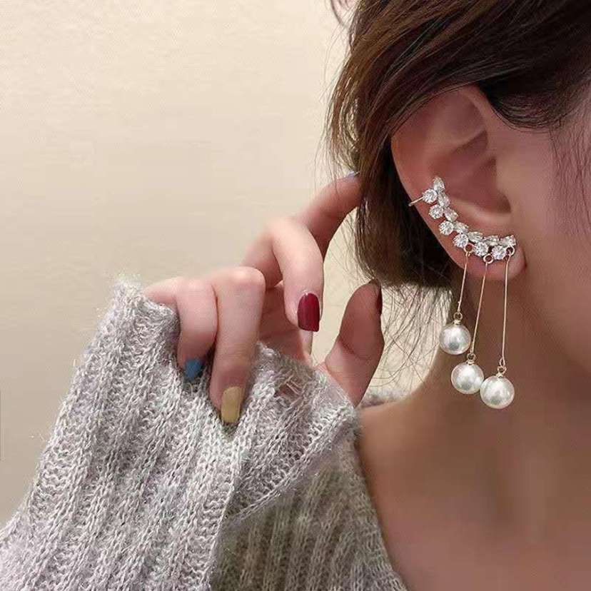 Korean Zircon Studded Earcuff with Pearl Tassel Long Earrings