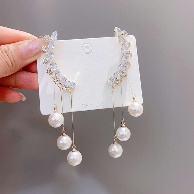 Korean Zircon Studded Earcuff with Pearl Tassel Long Earrings