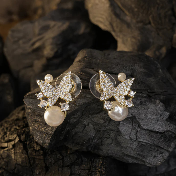 Butterfly Pearl Drop Stud Earrings