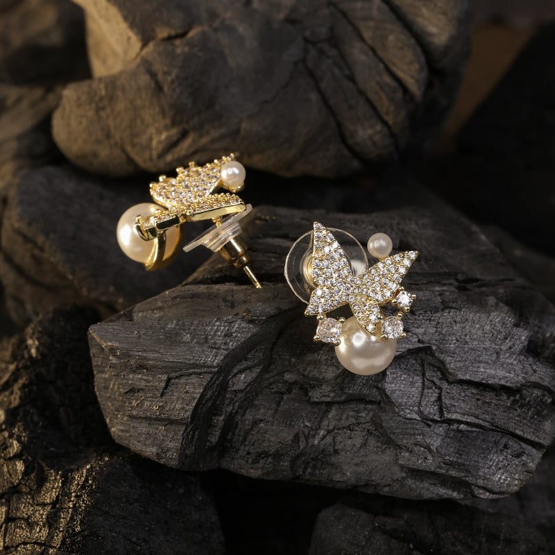 Butterfly Pearl Drop Stud Earrings