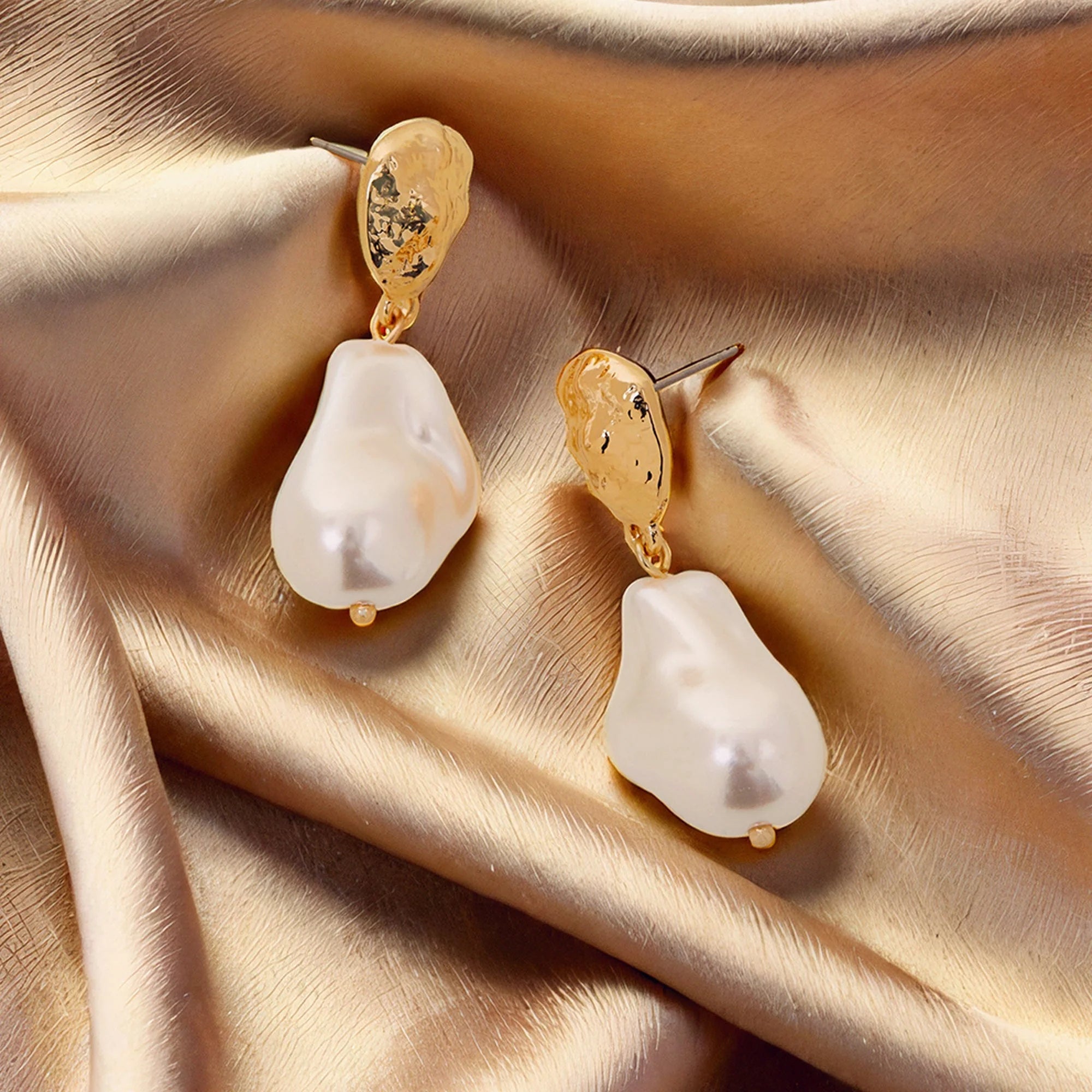 Asymmetric Pearl Drop Gold Foil Earrings
