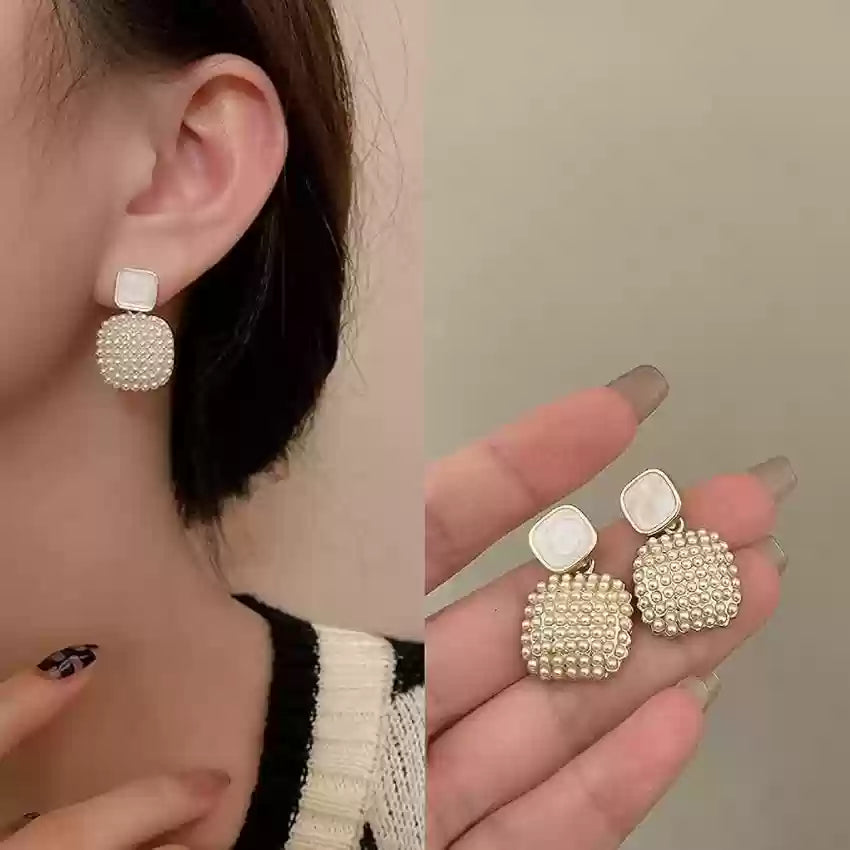 Geometric Pearl Square Drop Earrings