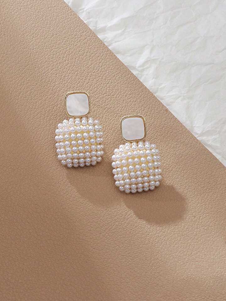Geometric Pearl Square Drop Earrings