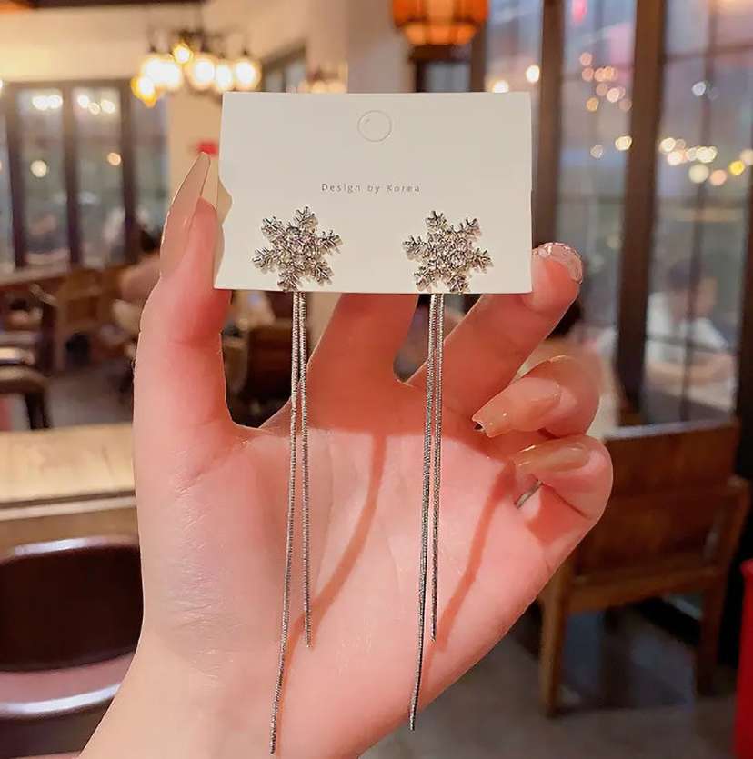 Snowflake Tassel Long Silver Earrings