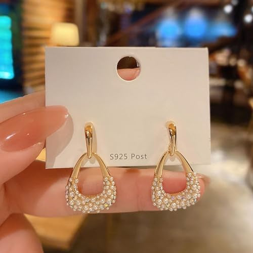 Korean Geometric Pearl Studded Drop Earrings