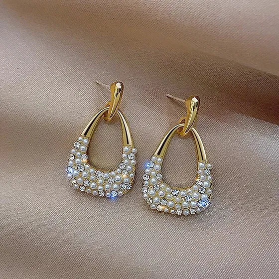 Korean Geometric Pearl Studded Drop Earrings