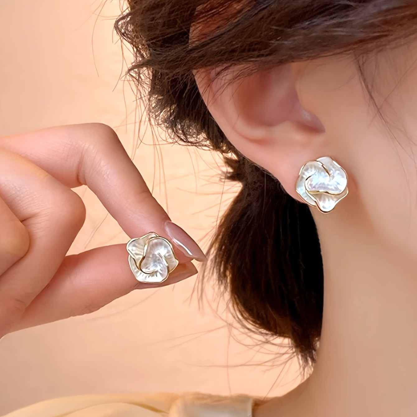 White Geometric Camellia Stud Earrings