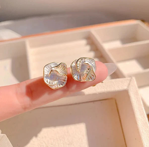 White Geometric Camellia Stud Earrings