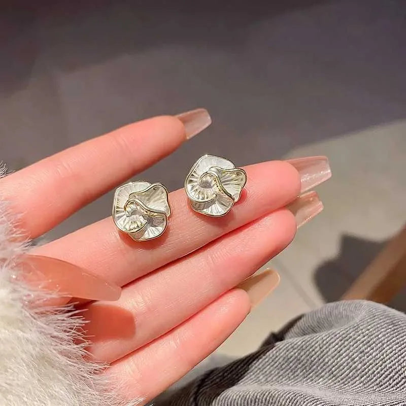 White Geometric Camellia Stud Earrings