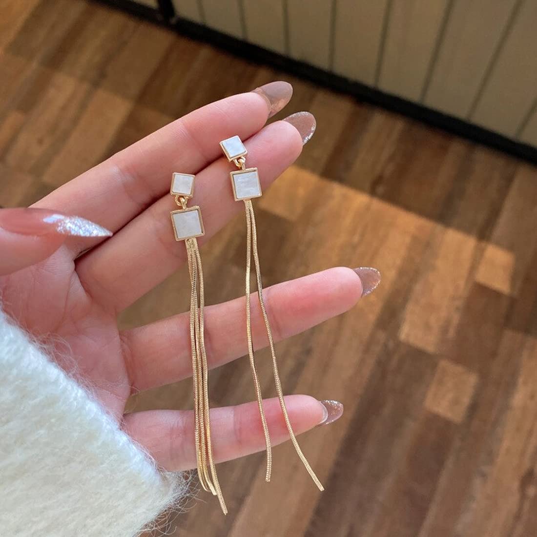Square Long Golden Tassel Earrings