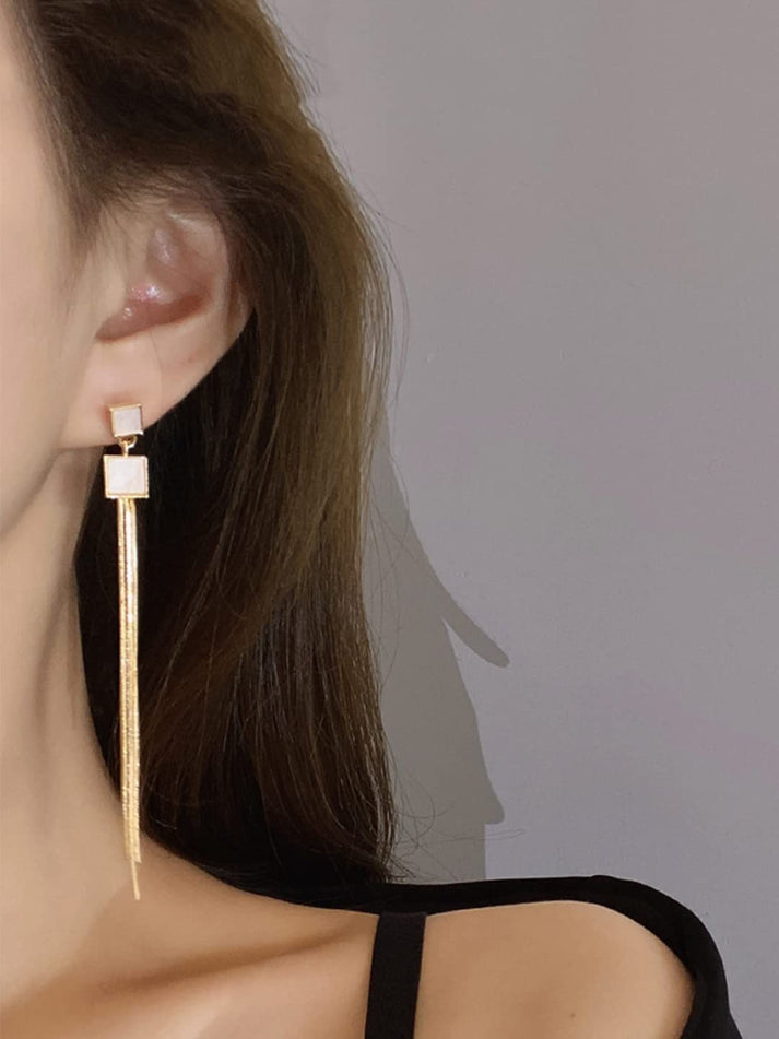 Square Long Golden Tassel Earrings