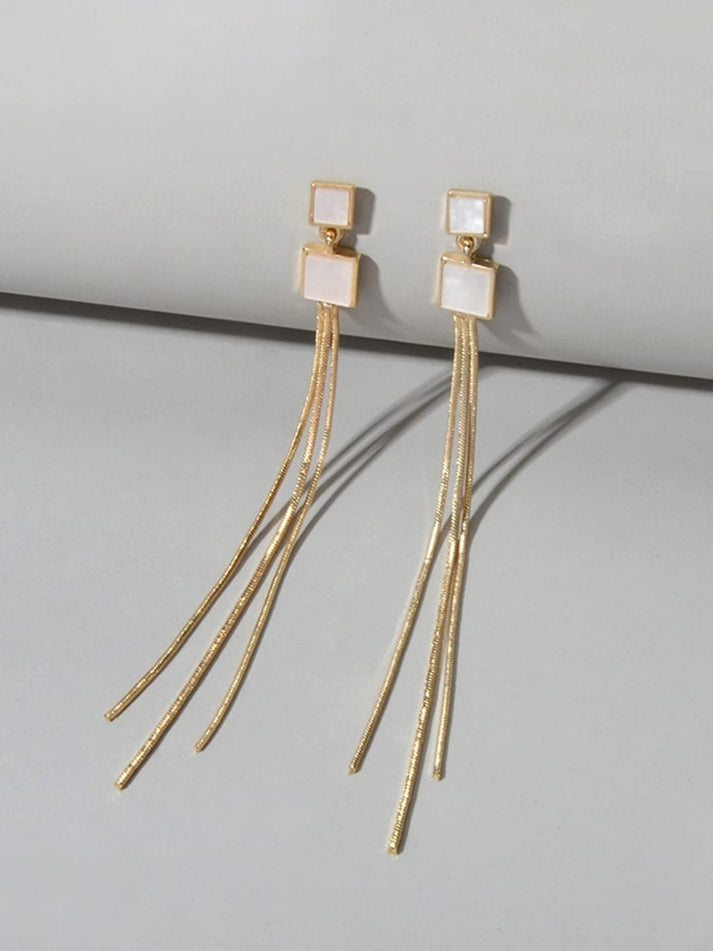 Square Long Golden Tassel Earrings