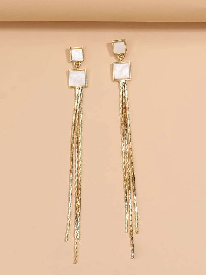 Square Long Golden Tassel Earrings