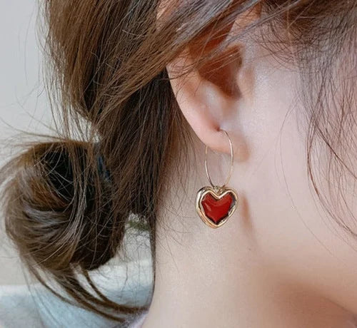Red Heart Drop Hoop Earrings