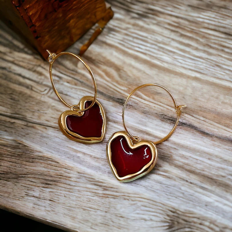 Red Heart Drop Hoop Earrings