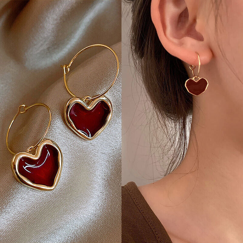Red Heart Drop Hoop Earrings