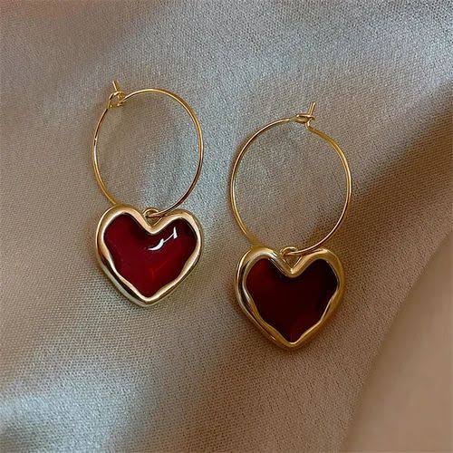 Red Heart Drop Hoop Earrings