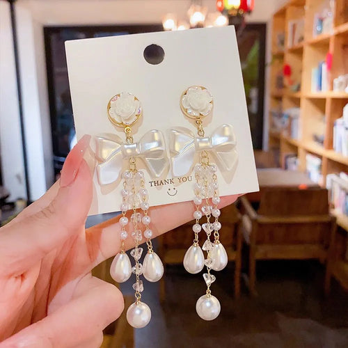 Bow-knot Pearl Crystal Tassel Long Earrings