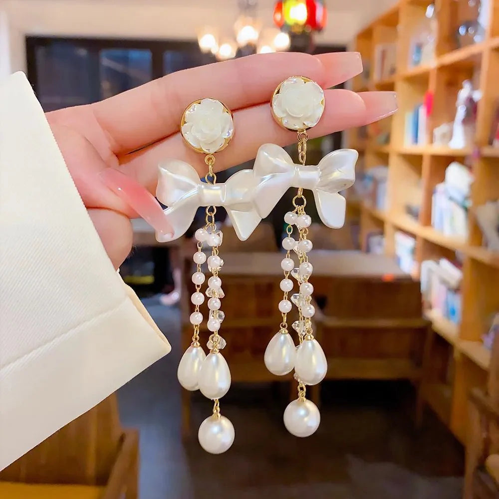 Bow-Knot Pearl Crystal Tassel Long Earrings