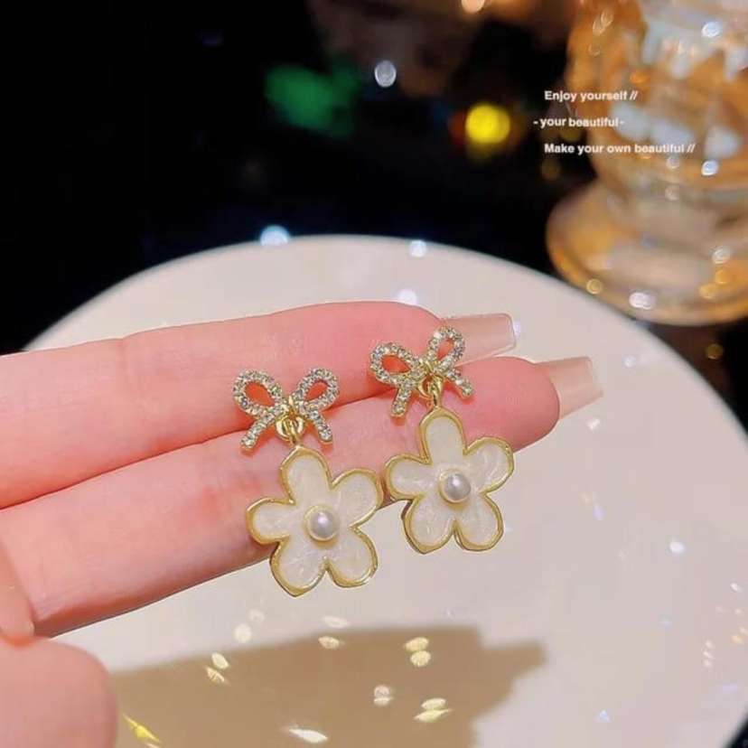 Bow & Flower Drop Stud Earrings