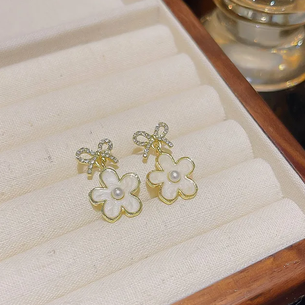 Bow & Flower Drop Stud Earrings