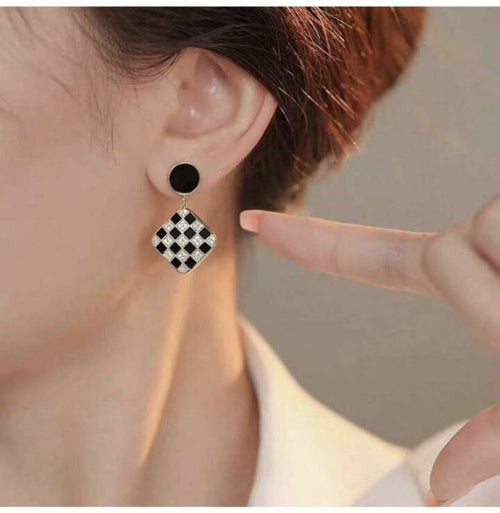 Black & White Checkered Pearl Enamel Drop Earrings