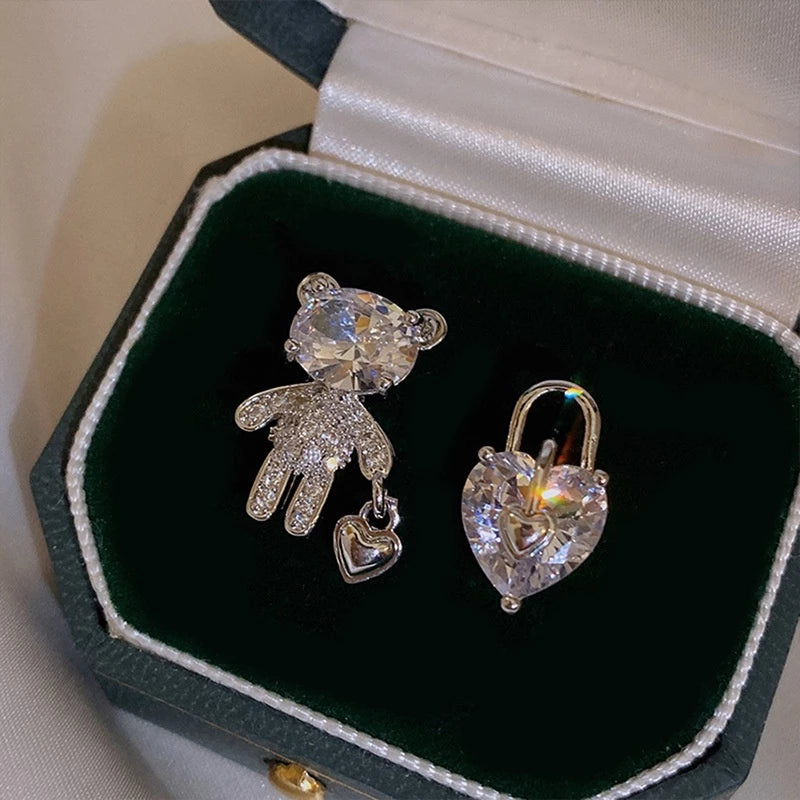 Heart Lock and Teddy Asymmetric Stud Earrings