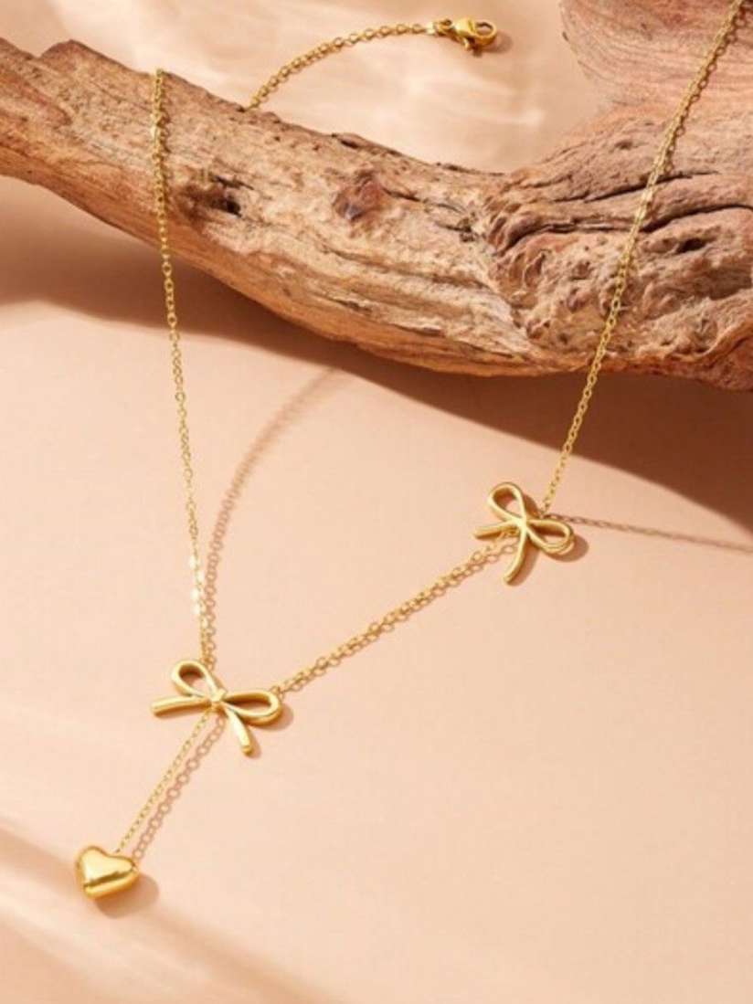 Heart Drop Two Bow Charm Pendant Necklace