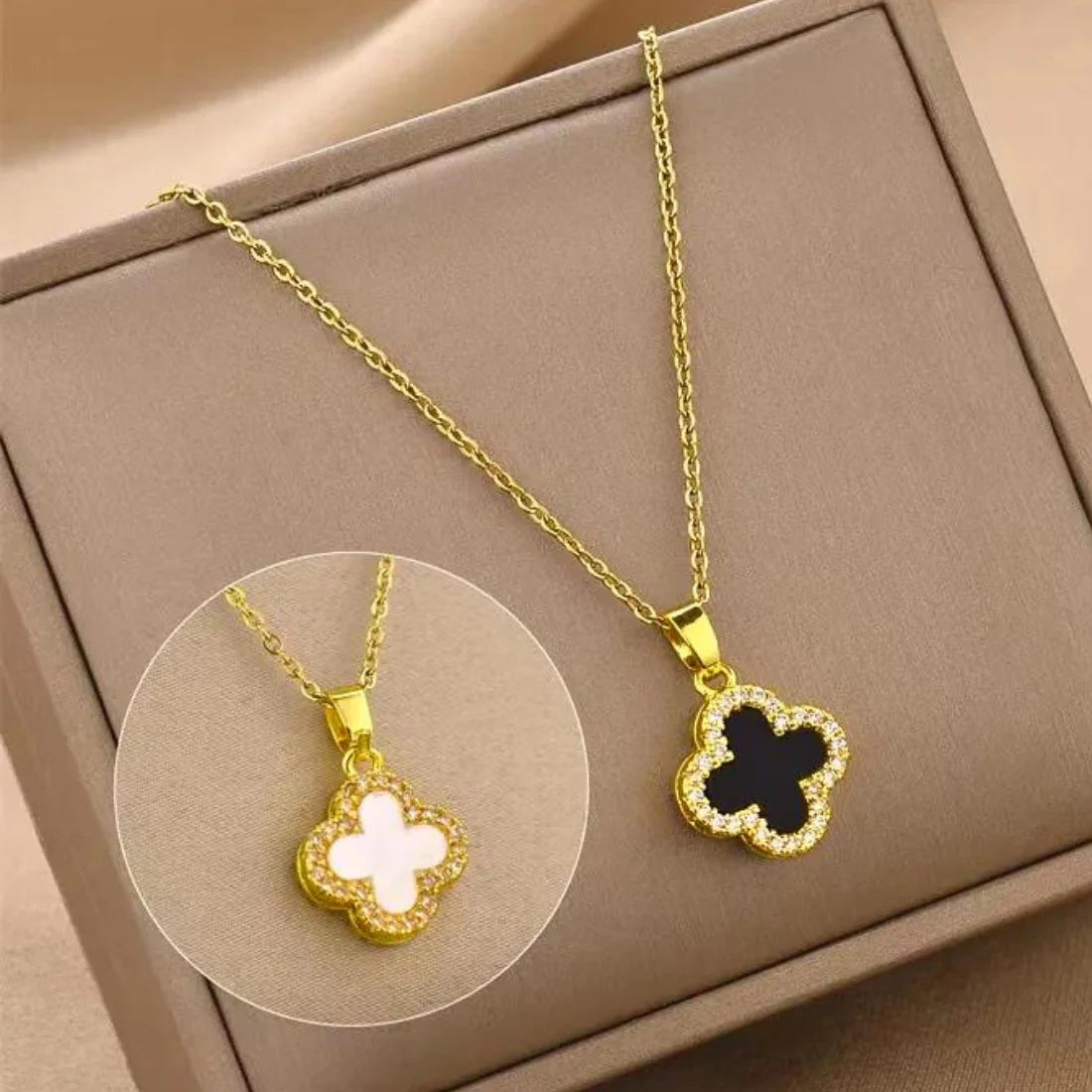 Two Sided Black & White Clover Necklace