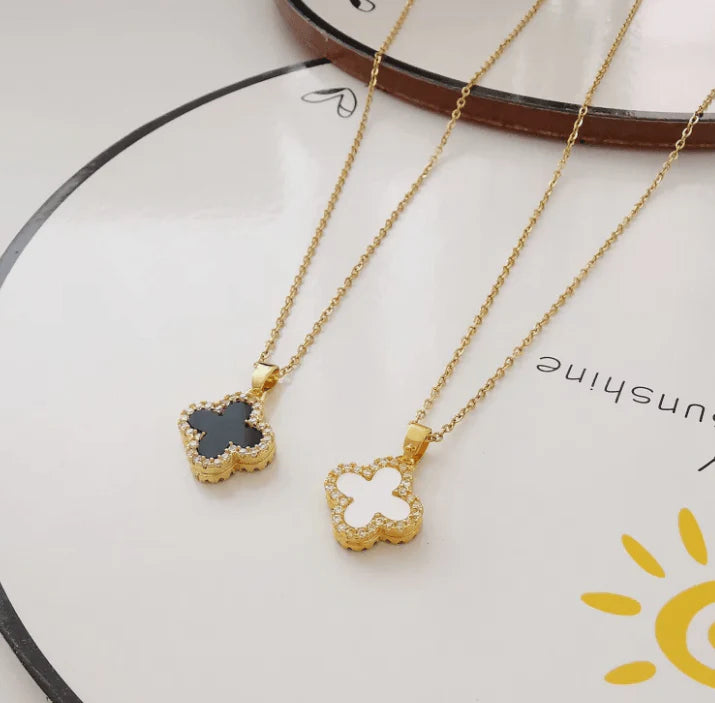 Two Sided Black & White Clover Necklace