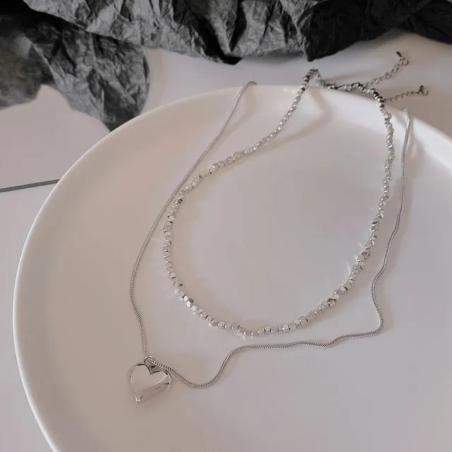 Double Layer Silver Geometric Beads & Heart Drop Necklace