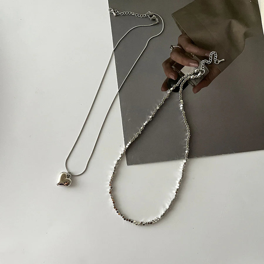 Double Layer Silver Geometric Beads & Heart Drop Necklace