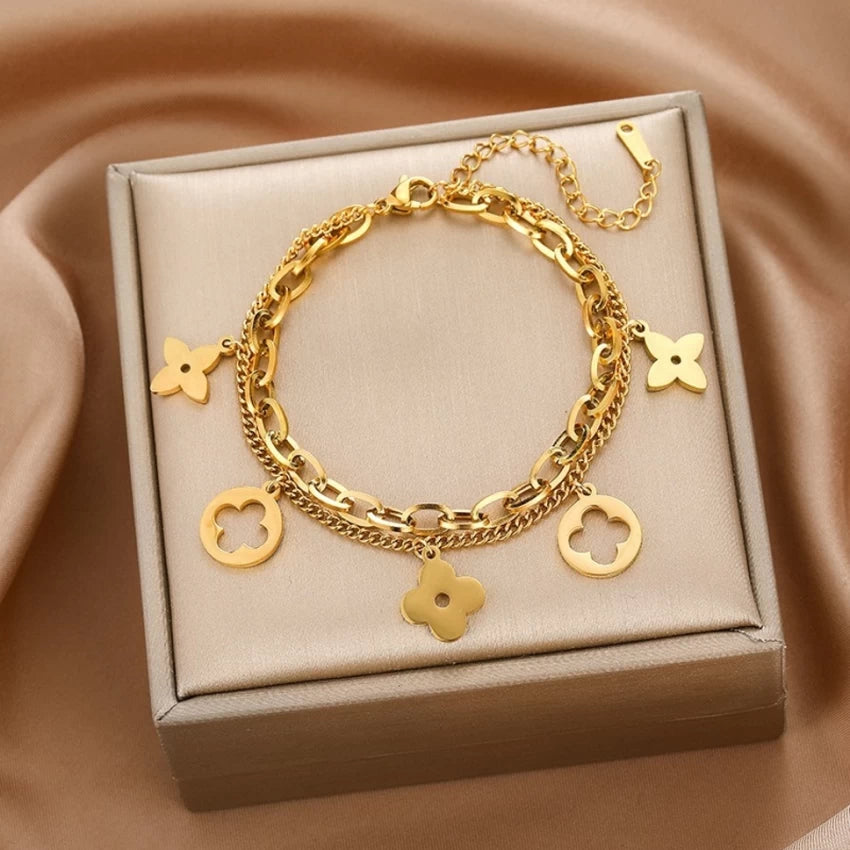 Four Leaf Clover Charm Dual Layer Bracelet