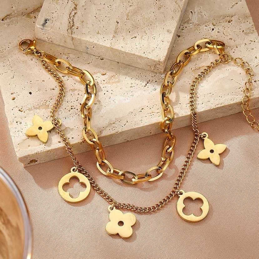 Four Leaf Clover Charm Dual Layer Bracelet