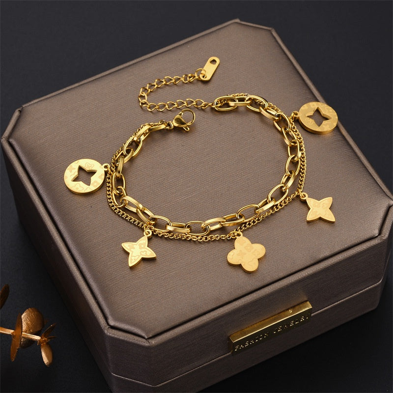 Four Leaf Clover Charm Dual Layer Bracelet
