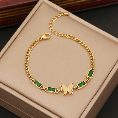 Anti Tarnish Green Gem Studded Butterfly Bracelet