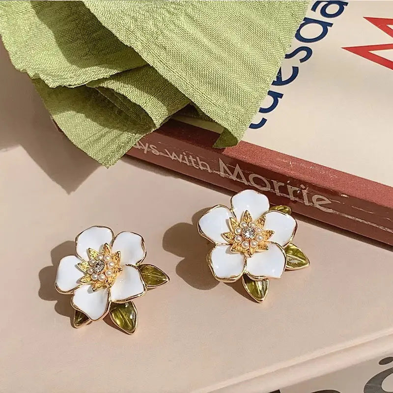 White Flower Enamel Stud Earrings