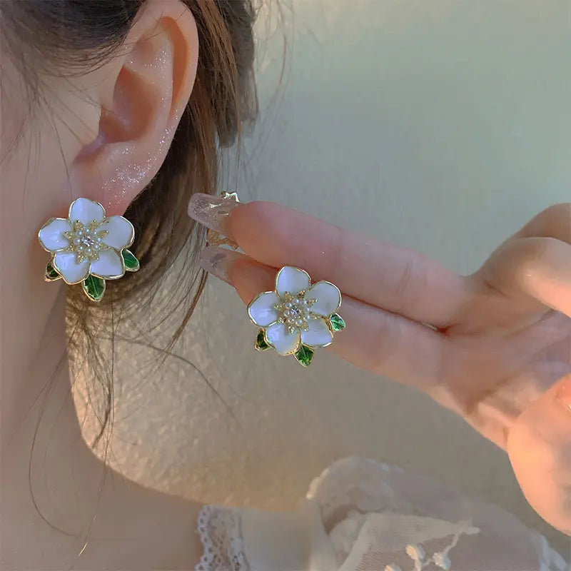 White Flower Enamel Stud Earrings