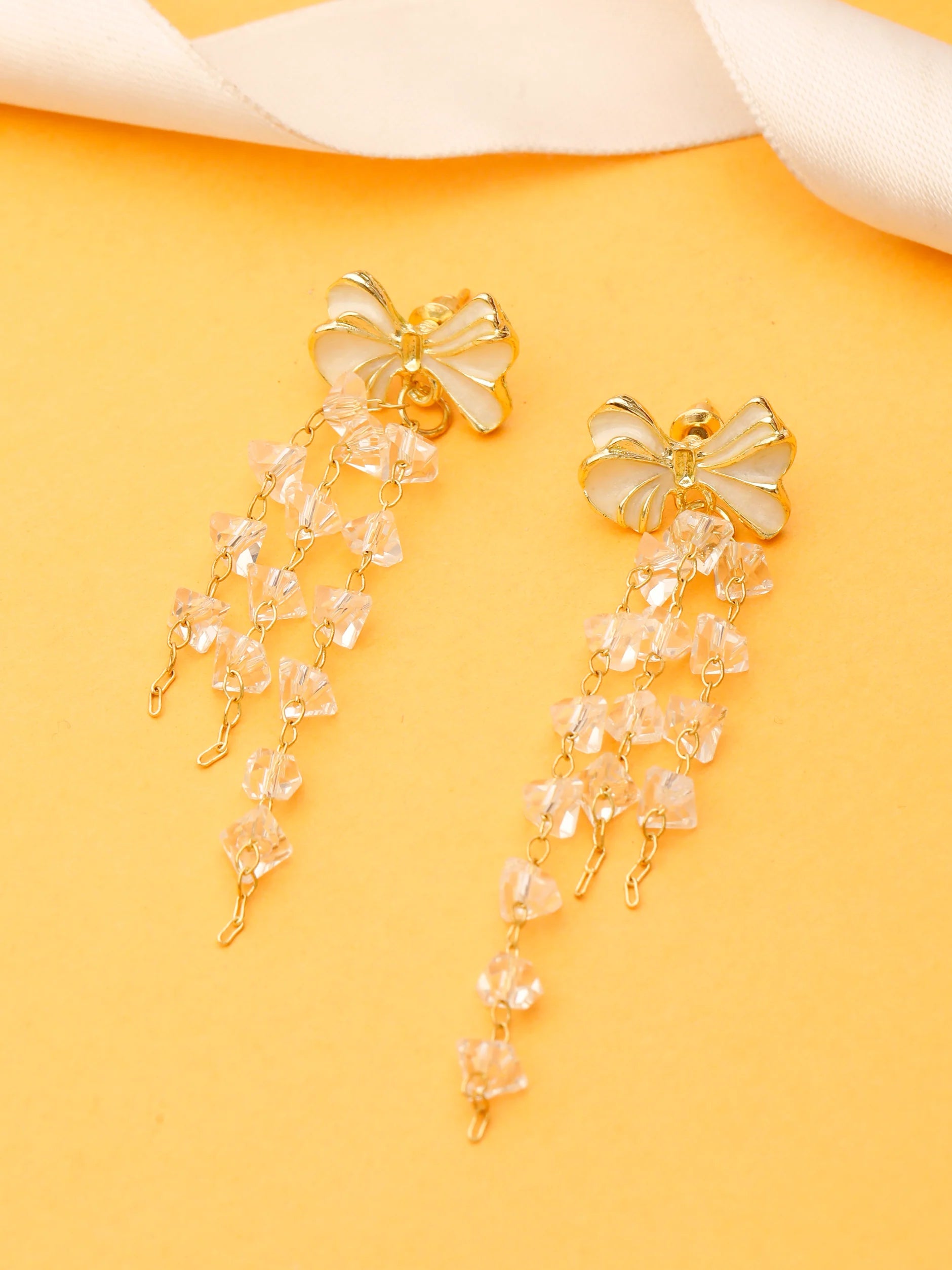 Bow & Crystals Long Chain Earrings