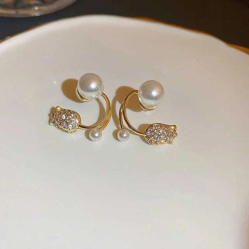 Sparkling Tulip Pearl Cuff Style Earrings