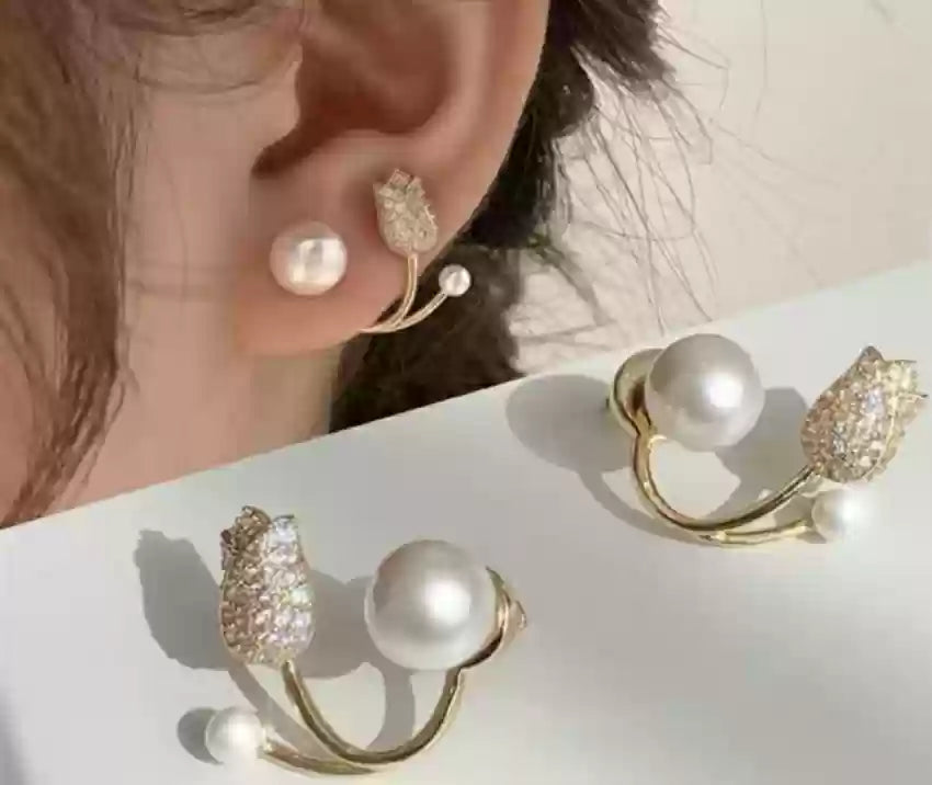 Sparkling Tulip Pearl Cuff Style Earrings