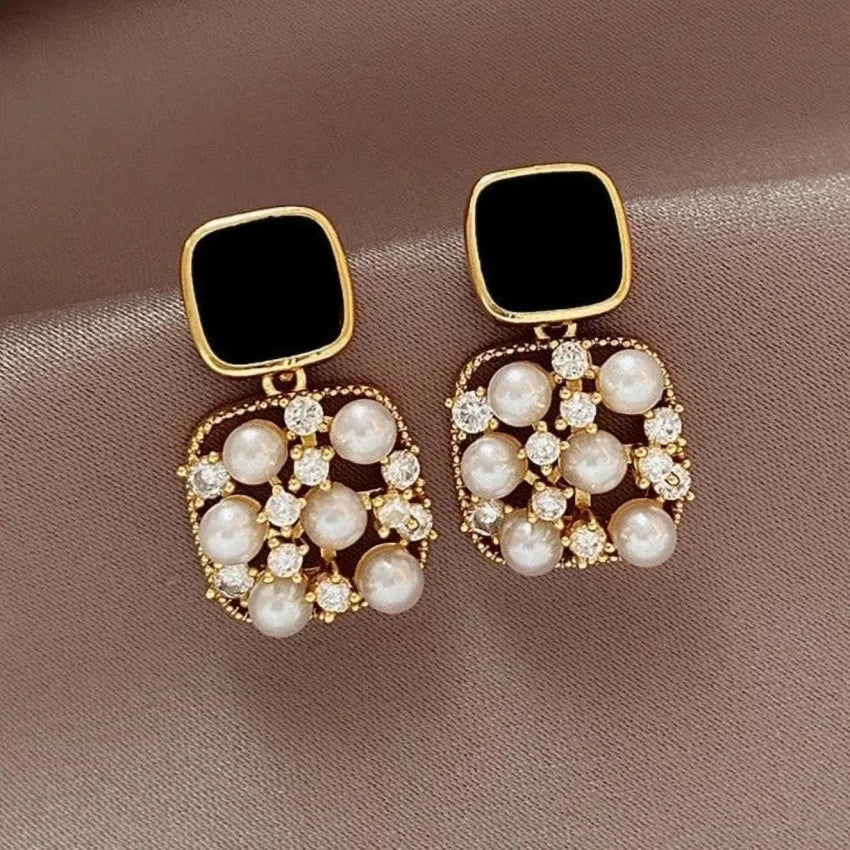 Black Square Pearl Zircon Stud Earrings