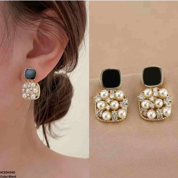 Black Square Pearl Zircon Stud Earrings