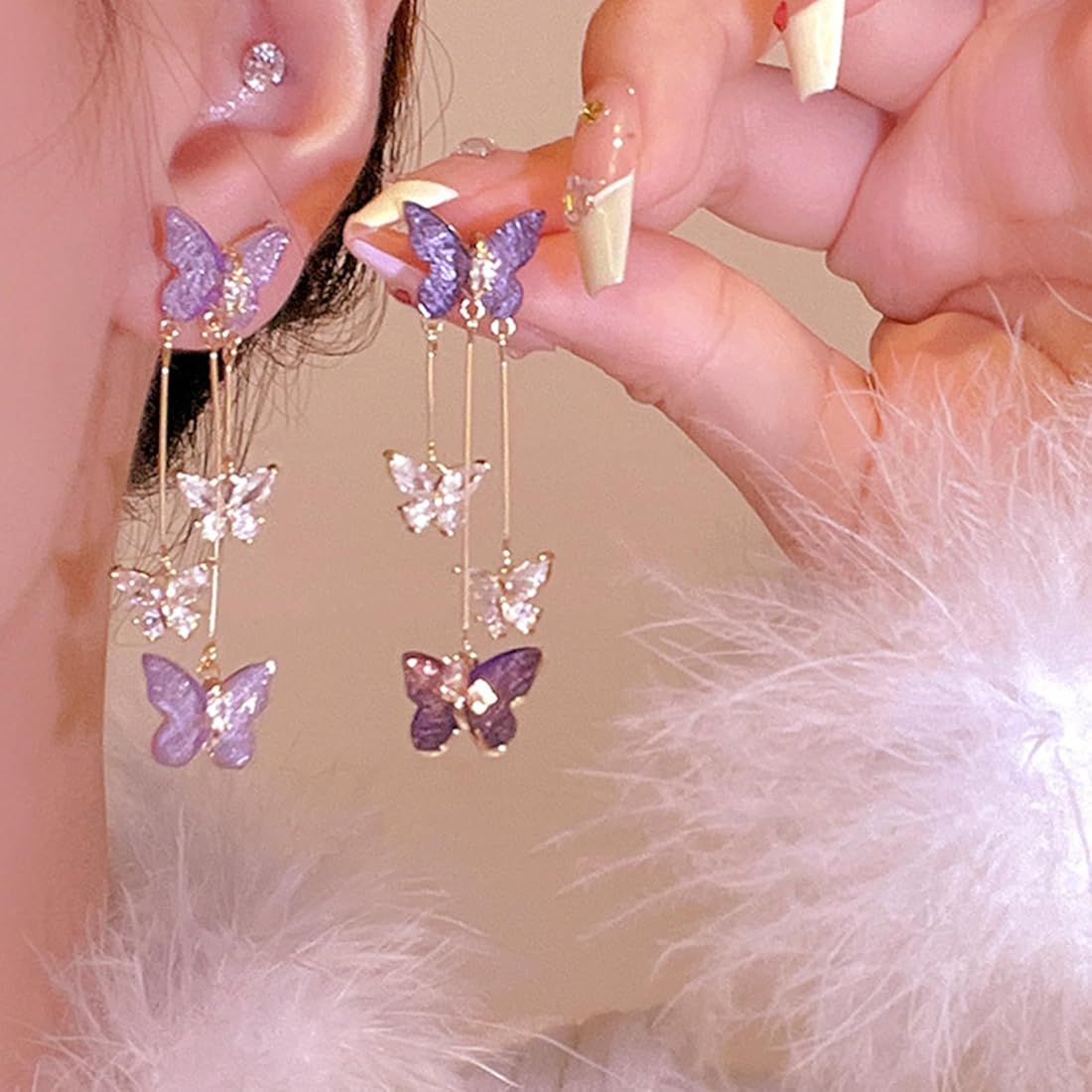 Lavender Butterfly Hanging Long Earrings